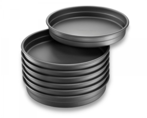 An image of multiple pizza pans stacked within another - EXACT STACK Pizza Pans by Chicago Metallic